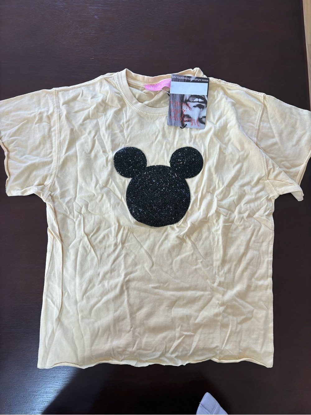 Women's Cream Short Sleeve Tee with Black Glitter Mickey Mouse